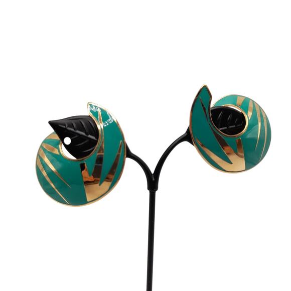 Vintage L. Bott Enamel Earrings, Clip On, Gold Tone, 1980s - Picture 1 of 11